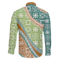 Hawaiian Quilt Pattern Family Matching Off The Shoulder Long Sleeve Dress and Hawaiian Shirt Green Chestnut Color Mixed - Polynesian Pride