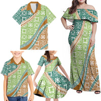 Hawaiian Quilt Pattern Family Matching Off Shoulder Maxi Dress and Hawaiian Shirt Green Chestnut Color Mixed - Polynesian Pride