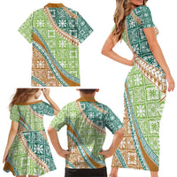 Hawaiian Quilt Pattern Family Matching Short Sleeve Bodycon Dress and Hawaiian Shirt Green Chestnut Color Mixed - Polynesian Pride