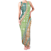 Hawaiian Quilt Pattern Family Matching Tank Maxi Dress and Hawaiian Shirt Green Chestnut Color Mixed - Polynesian Pride