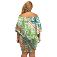 Hawaiian Quilt Pattern Off Shoulder Short Dress Green Chestnut Color Mixed - Polynesian Pride