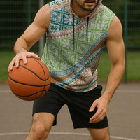 Hawaiian Quilt Pattern Sleeveless Hoodie Green Chestnut Color Mixed - Polynesian Pride