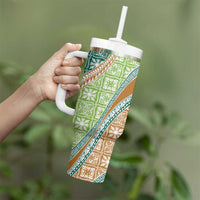 Hawaiian Quilt Pattern Tumbler With Handle Green Chestnut Color Mixed - Polynesian Pride