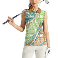Hawaiian Quilt Pattern Women Sleeveless Polo Shirt Green Chestnut Color Mixed - Polynesian Pride
