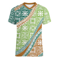 Hawaiian Quilt Pattern Women V-Neck T-Shirt Green Chestnut Color Mixed - Polynesian Pride