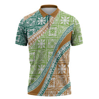 Hawaiian Quilt Pattern Zipper Polo Shirt Green Chestnut Color Mixed - Polynesian Pride