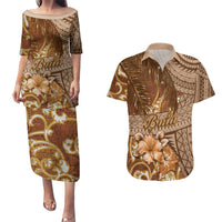 Personalised Fiji Masi Couples Matching Puletasi Dress and Hawaiian Shirt Bula Fijian Masi Tapa Vintage Style LT01 Brown - Polynesian Pride