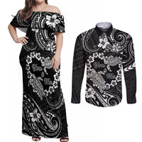 Polynesian Turtle Valentine Couples Matching Off Shoulder Maxi Dress and Long Sleeve Button Shirt You And Me Hibiscus Heart LT01 Black - Polynesian Pride