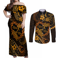 Polynesian Turtle Valentine Couples Matching Off Shoulder Maxi Dress and Long Sleeve Button Shirt You And Me Gold Hibiscus Heart LT01 Gold - Polynesian Pride