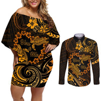 Polynesian Turtle Valentine Couples Matching Off Shoulder Short Dress and Long Sleeve Button Shirt You And Me Gold Hibiscus Heart LT01 Gold - Polynesian Pride