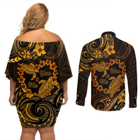 Polynesian Turtle Valentine Couples Matching Off Shoulder Short Dress and Long Sleeve Button Shirt You And Me Gold Hibiscus Heart LT01 - Polynesian Pride