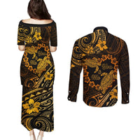 Polynesian Turtle Valentine Couples Matching Puletasi and Long Sleeve Button Shirt You And Me Gold Hibiscus Heart LT01 - Polynesian Pride
