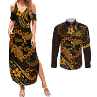 Polynesian Turtle Valentine Couples Matching Summer Maxi Dress and Long Sleeve Button Shirt You And Me Gold Hibiscus Heart LT01 Gold - Polynesian Pride
