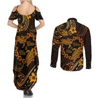 Polynesian Turtle Valentine Couples Matching Summer Maxi Dress and Long Sleeve Button Shirt You And Me Gold Hibiscus Heart LT01 - Polynesian Pride