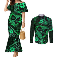 Polynesian Turtle Valentine Couples Matching Mermaid Dress and Long Sleeve Button Shirt You And Me Green Hibiscus Heart LT01 Green - Polynesian Pride