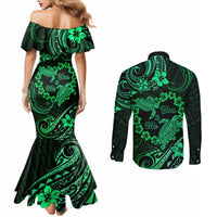 Polynesian Turtle Valentine Couples Matching Mermaid Dress and Long Sleeve Button Shirt You And Me Green Hibiscus Heart LT01 - Polynesian Pride
