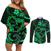 Polynesian Turtle Valentine Couples Matching Off Shoulder Short Dress and Long Sleeve Button Shirt You And Me Green Hibiscus Heart LT01 Green - Polynesian Pride
