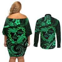 Polynesian Turtle Valentine Couples Matching Off Shoulder Short Dress and Long Sleeve Button Shirt You And Me Green Hibiscus Heart LT01 - Polynesian Pride