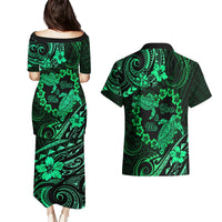Polynesian Turtle Valentine Couples Matching Puletasi and Hawaiian Shirt You And Me Green Hibiscus Heart LT01 - Polynesian Pride