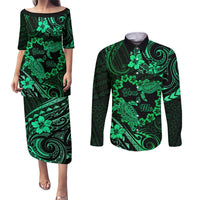 Polynesian Turtle Valentine Couples Matching Puletasi and Long Sleeve Button Shirt You And Me Green Hibiscus Heart LT01 Green - Polynesian Pride