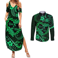 Polynesian Turtle Valentine Couples Matching Summer Maxi Dress and Long Sleeve Button Shirt You And Me Green Hibiscus Heart LT01 Green - Polynesian Pride