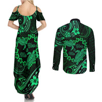 Polynesian Turtle Valentine Couples Matching Summer Maxi Dress and Long Sleeve Button Shirt You And Me Green Hibiscus Heart LT01 - Polynesian Pride