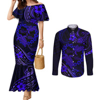 Polynesian Turtle Valentine Couples Matching Mermaid Dress and Long Sleeve Button Shirt You And Me Navy Blue Hibiscus Heart LT01 Blue - Polynesian Pride