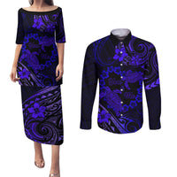 Polynesian Turtle Valentine Couples Matching Puletasi and Long Sleeve Button Shirt You And Me Navy Blue Hibiscus Heart LT01 Blue - Polynesian Pride
