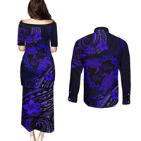 Polynesian Turtle Valentine Couples Matching Puletasi and Long Sleeve Button Shirt You And Me Navy Blue Hibiscus Heart LT01 - Polynesian Pride