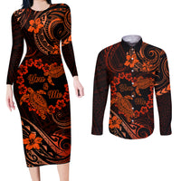 Polynesian Turtle Valentine Couples Matching Long Sleeve Bodycon Dress and Long Sleeve Button Shirt You And Me Orange Hibiscus Heart LT01 Orange - Polynesian Pride
