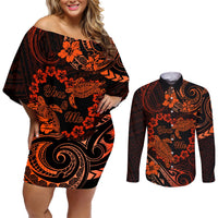 Polynesian Turtle Valentine Couples Matching Off Shoulder Short Dress and Long Sleeve Button Shirt You And Me Orange Hibiscus Heart LT01 Orange - Polynesian Pride