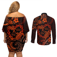 Polynesian Turtle Valentine Couples Matching Off Shoulder Short Dress and Long Sleeve Button Shirt You And Me Orange Hibiscus Heart LT01 - Polynesian Pride