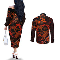 Polynesian Turtle Valentine Couples Matching Off The Shoulder Long Sleeve Dress and Long Sleeve Button Shirt You And Me Orange Hibiscus Heart LT01 - Polynesian Pride