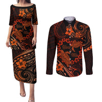 Polynesian Turtle Valentine Couples Matching Puletasi and Long Sleeve Button Shirt You And Me Orange Hibiscus Heart LT01 Orange - Polynesian Pride