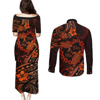 Polynesian Turtle Valentine Couples Matching Puletasi and Long Sleeve Button Shirt You And Me Orange Hibiscus Heart LT01 - Polynesian Pride