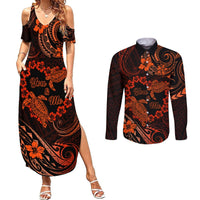 Polynesian Turtle Valentine Couples Matching Summer Maxi Dress and Long Sleeve Button Shirt You And Me Orange Hibiscus Heart LT01 Orange - Polynesian Pride