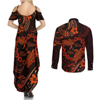 Polynesian Turtle Valentine Couples Matching Summer Maxi Dress and Long Sleeve Button Shirt You And Me Orange Hibiscus Heart LT01 - Polynesian Pride