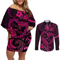 Polynesian Turtle Valentine Couples Matching Off Shoulder Short Dress and Long Sleeve Button Shirt You And Me Pink Hibiscus Heart LT01 Pink - Polynesian Pride