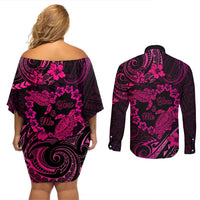 Polynesian Turtle Valentine Couples Matching Off Shoulder Short Dress and Long Sleeve Button Shirt You And Me Pink Hibiscus Heart LT01 - Polynesian Pride