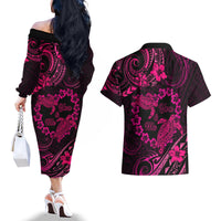 Polynesian Turtle Valentine Couples Matching Off The Shoulder Long Sleeve Dress and Hawaiian Shirt You And Me Pink Hibiscus Heart LT01 - Polynesian Pride