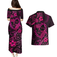 Polynesian Turtle Valentine Couples Matching Puletasi and Hawaiian Shirt You And Me Pink Hibiscus Heart LT01 - Polynesian Pride