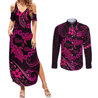Polynesian Turtle Valentine Couples Matching Summer Maxi Dress and Long Sleeve Button Shirt You And Me Pink Hibiscus Heart LT01 Pink - Polynesian Pride