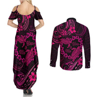 Polynesian Turtle Valentine Couples Matching Summer Maxi Dress and Long Sleeve Button Shirt You And Me Pink Hibiscus Heart LT01 - Polynesian Pride