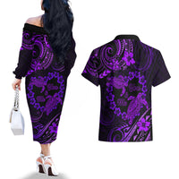 Polynesian Turtle Valentine Couples Matching Off The Shoulder Long Sleeve Dress and Hawaiian Shirt You And Me Purple Hibiscus Heart LT01 - Polynesian Pride