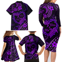 Polynesian Turtle Valentine Family Matching Long Sleeve Bodycon Dress and Hawaiian Shirt You And Me Purple Hibiscus Heart LT01 - Polynesian Pride