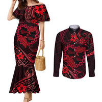 Polynesian Turtle Valentine Couples Matching Mermaid Dress and Long Sleeve Button Shirt You And Me Red Hibiscus Heart LT01 Red - Polynesian Pride