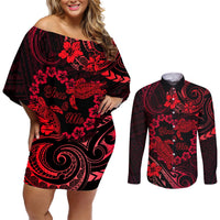Polynesian Turtle Valentine Couples Matching Off Shoulder Short Dress and Long Sleeve Button Shirt You And Me Red Hibiscus Heart LT01 Red - Polynesian Pride