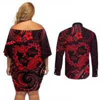 Polynesian Turtle Valentine Couples Matching Off Shoulder Short Dress and Long Sleeve Button Shirt You And Me Red Hibiscus Heart LT01 - Polynesian Pride