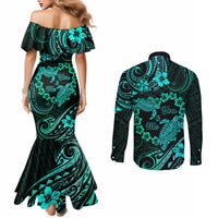 Polynesian Turtle Valentine Couples Matching Mermaid Dress and Long Sleeve Button Shirt You And Me Turquoise Hibiscus Heart LT01 - Polynesian Pride