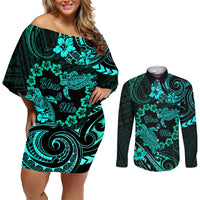 Polynesian Turtle Valentine Couples Matching Off Shoulder Short Dress and Long Sleeve Button Shirt You And Me Turquoise Hibiscus Heart LT01 Turquoise - Polynesian Pride